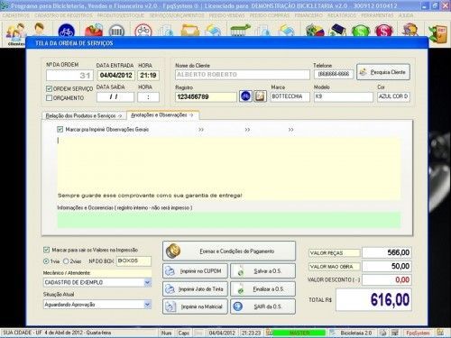 Programa para Bicicletaria com Ordem de Serviço Vendas e Financeiro v2.0  FpqSystem 6674