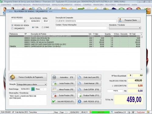 Programa para Autoelétrico  Ordem de Serviço Vendas e Financeiro v2.0 - Fpqsystem 6687
