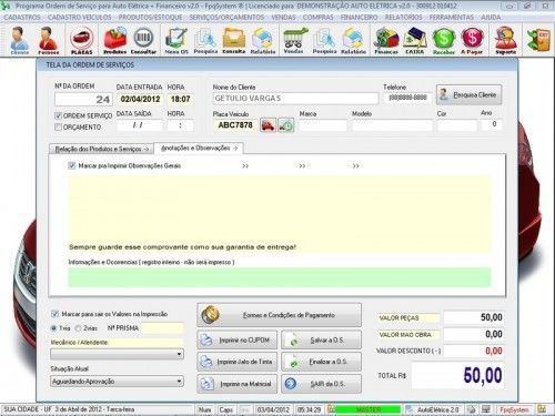 Programa para Autoelétrico  Ordem de Serviço Vendas e Financeiro v2.0 - Fpqsystem 6696