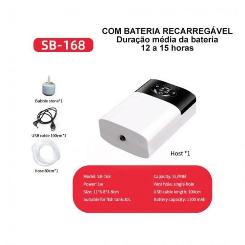 Oxigenador Bomba de AR Oxigênio Portátil Usb Recarregável Sobo SB168. Backup Aquário, Manter Iscas Viva. Peixe ou Camarão. 707680