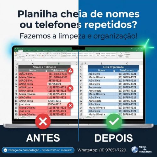 Está com uma planilha cheia de nomes ou telefones repetidos? Fazemos a limpeza e organização 787278