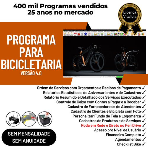 Programa para Loja de Bicicletaria com Serviços Vendas Estoque e Financeiro v4.0 Plus 681980