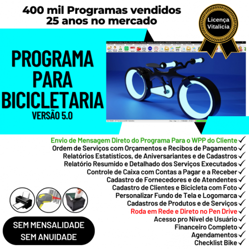 Programa para Loja de Bicicletaria com Serviços Vendas Estoque e Financeiro v5.0 Plus Whatsapp 682040