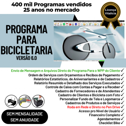 Programa para Loja de Bicicletaria com Serviços Vendas Estoque e Financeiro v6.0 Plus Whatsapp 682100