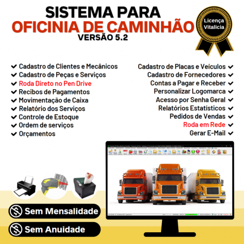 Sistema Ordem de Serviço para Oficina Mecânica para Caminhão com Check List Vendas Estoque e Financeiro v5.2 Plus - Fpqsystem 661208