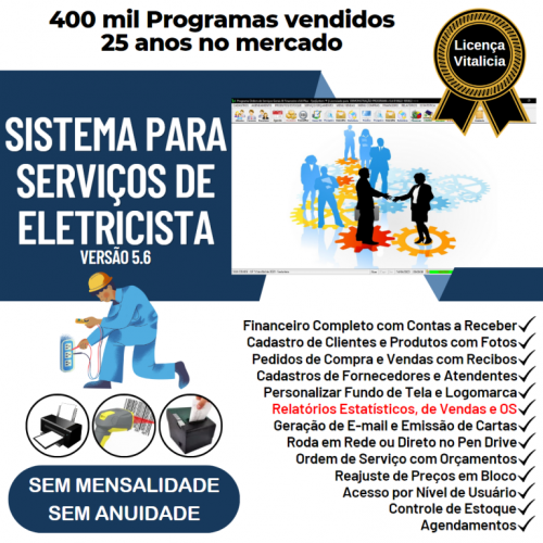 Sistema Os Serviços de Eletricista com Vendas Financeiro e Estatística v5.6 Plus - Fpqsystem 664494
