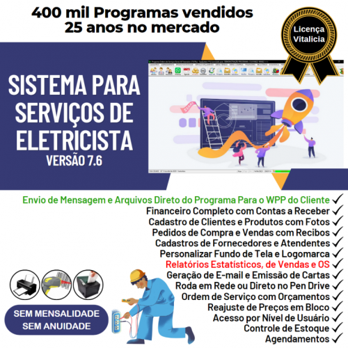 Sistema Os Serviços de eletricista com Vendas Financeiro e Estatísticas v7.6 Plus  Whatsapp via Os - Fpqsystem 664095