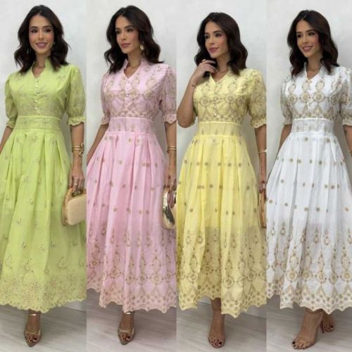 Vestido Midi Lese Bordado Manga Princesa Com Botãoes 772111